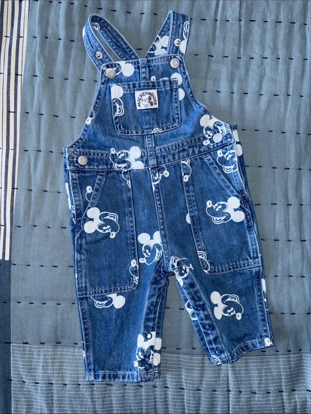 H&M Blue Denim Mickey Print Baby Overalls